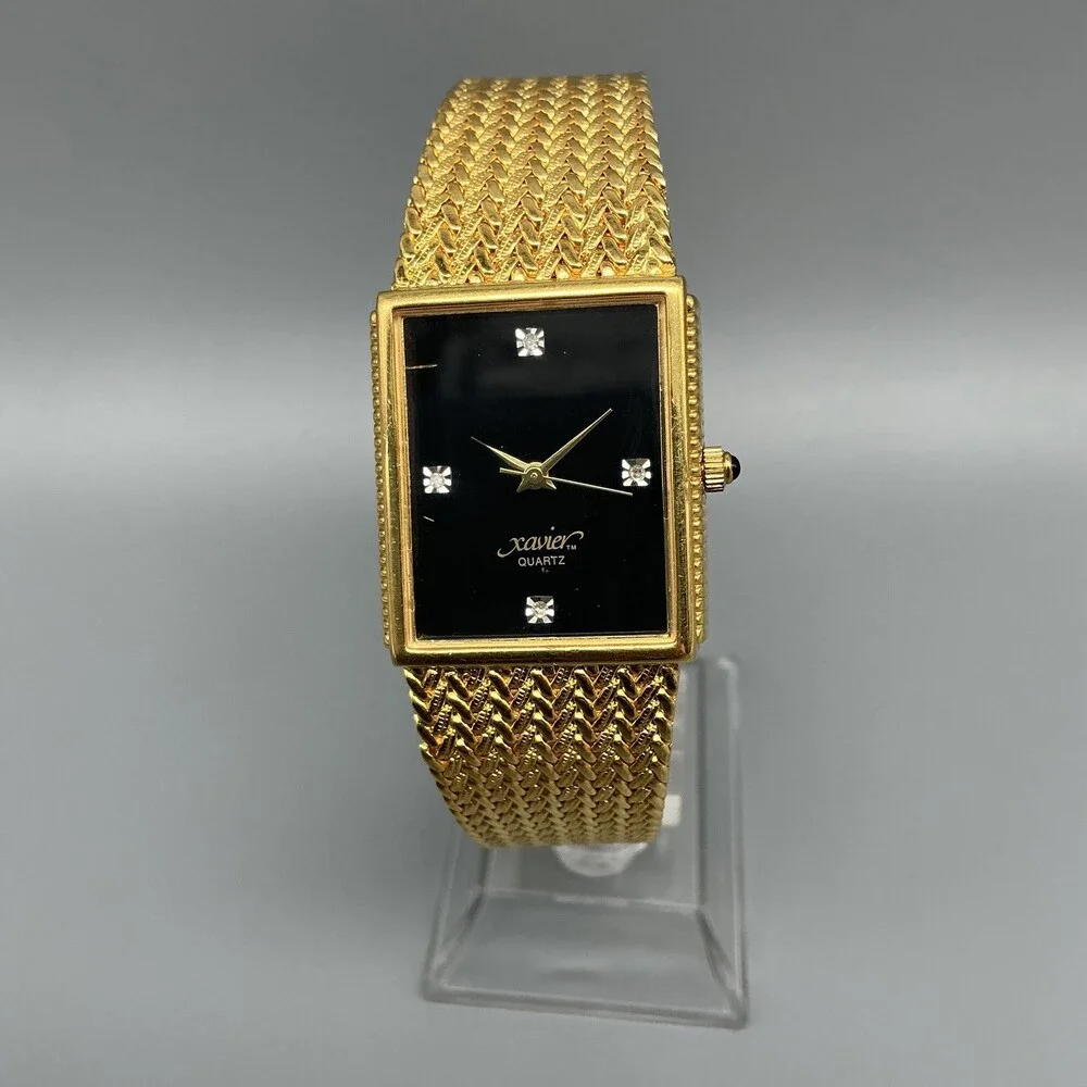 Xavier Womens Watch 25mm Black Dial Gold Tone Bracelet Gem Markers New Battery